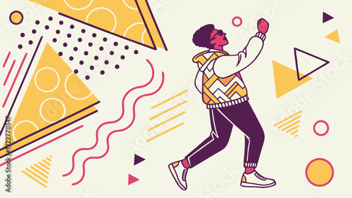 Dancing person in dynamic pose with vibrant colors and geometric shapes in modern minimalist style for fitness branding