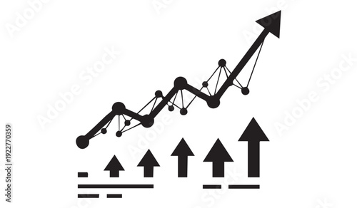 Ascending line graph with interconnected dots showing continuous growth and upward trend, accompanied by rising arrows