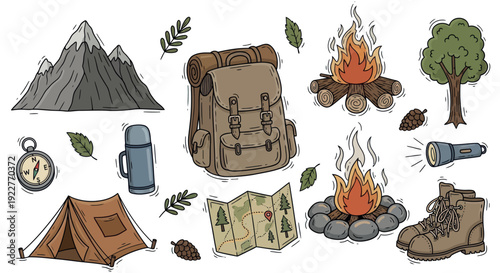 Rugged mountains, a practical backpack, inviting campfires, a compass, cozy tent, and other essential outdoor equipment for adventure travel and nature exploration projects.