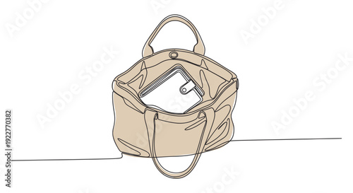 A simple beige colored open handbag holding a wallet shown in a continuous outline style perfect for product presentations retail promotions and minimalist brand visuals.