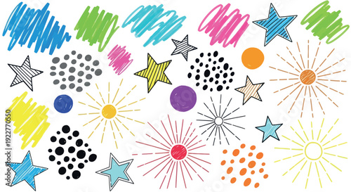 Cheerful hand drawn doodle shapes including stars sunbursts and colorful scribbles ideal for lively event decorations childrens book layouts or playful digital media