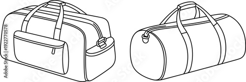 Technical fashion sketch set of duffel bags featuring travel luggage and cylindrical gym bag with zippers handles and pockets isolated on white background