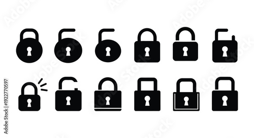 Collection of various black padlock icons in different styles