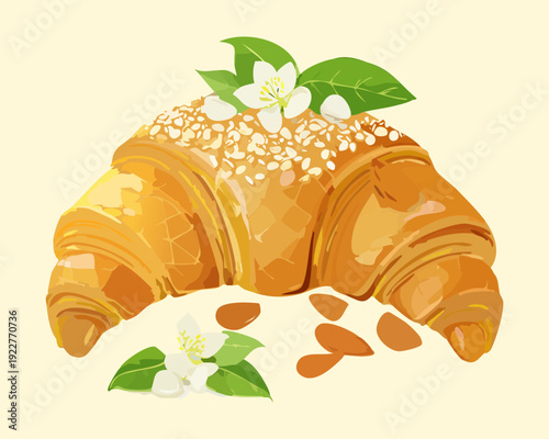 Crispy croissant garnished with sliced almonds and delicate white flowers for elegant pastry shop advertising and design - Vector Illustration