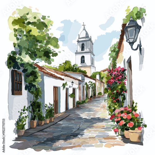 Colonia del Sacramento. Colonia del Sacramento hand drawn watercolor illustration