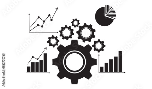 Central gear with surrounding smaller gears and multiple business charts graphs and pie charts signifying data processing and analysis mechanics