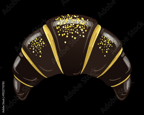 Modern black croissant featuring golden stripes and edible gold dust for high end cafe menu and branding - Vector Illustration