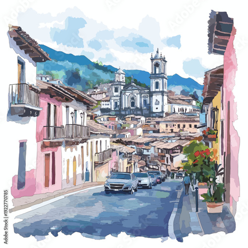 Quito Old Town. Quito Old Town hand drawn watercolor illustration