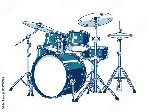 Hand drawn blue drum set illustration musical instrument kit doodle for music band concert performance rhythm sound