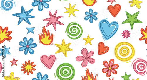 Vibrant collection of handdrawn shapes including various stars hearts flowers swirls and flames creating a cheerful mood suitable for childrens events and lively product packaging