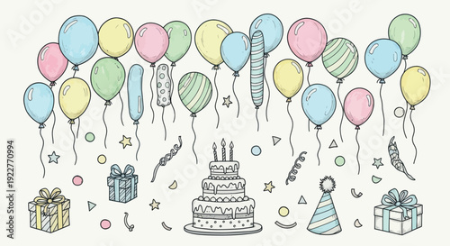 Assortment of colorful party objects including balloons cake candles gifts confetti and party hat arranged for joyful celebration events