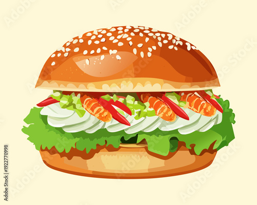 Healthy vegetable burger with fresh salad leaves and tomato slices for vegetarian restaurant menu and food design - Vector Illustration