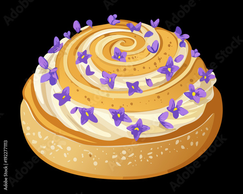 Gourmet lavender cinnamon roll with purple blossom toppings and sweet white icing for elegant bakery shop posters - Vector Illustration