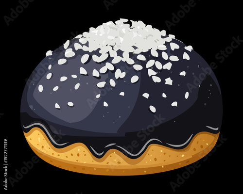Trendy black charcoal bun topped with white sugar flakes for artistic bakery shop branding and social media - Vector Illustration