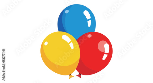 Three colorful balloons in red, yellow and blue hues tied together with knots at the bottom
