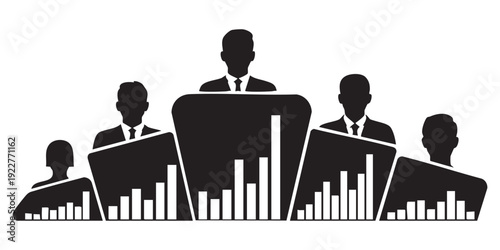 Business executives at conference table presenting data on screens professional corporate meeting silhouette illustration vector graphic design