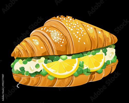Savory croissant filled with tuna salad lettuce and fresh cucumber for quick lunch snack and bakery deli - Vector Illustration