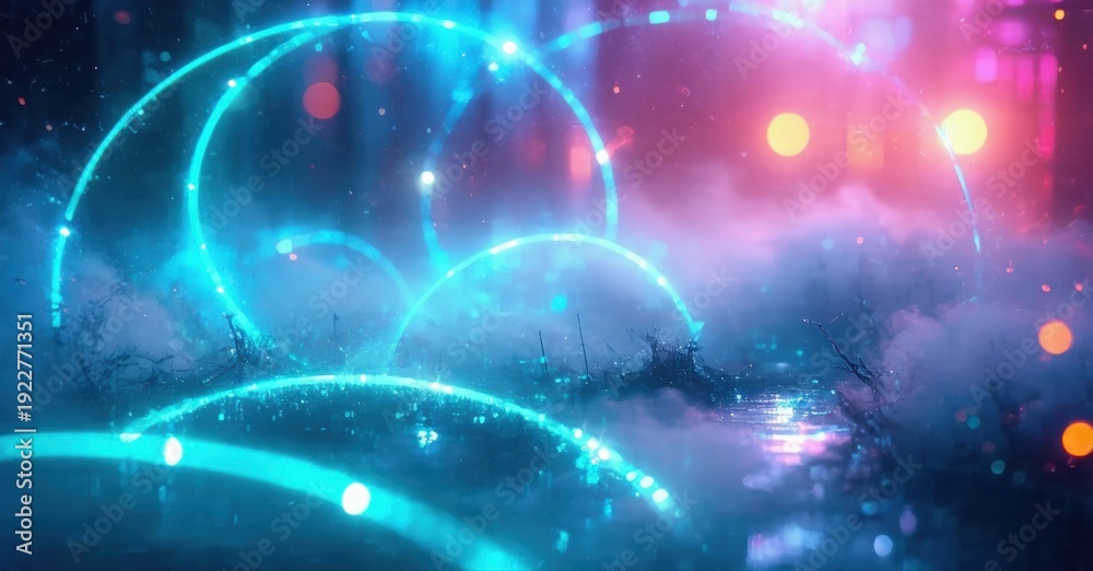Obraz premium Abstract glowing rings float above misty landscape. Vibrant colors blend, creating ethereal scene. Light streaks illuminate darkness.