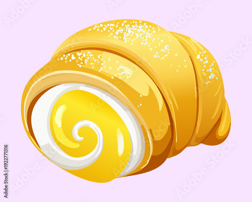 Sweet spiral bun with white cream filling and golden crust for traditional pastry shop and bakery marketing - Vector Illustration