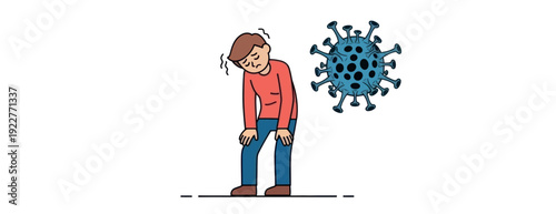A tired and unwell man feeling fatigued and weak next to a blue virus particle representing illness and health concerns for medical and public health awareness campaigns.