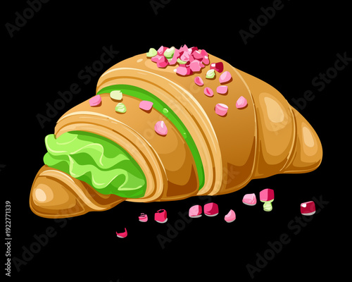 Gourmet matcha green tea croissant with pink sprinkles for modern bakery shop and aesthetic dessert social media - Vector Illustration