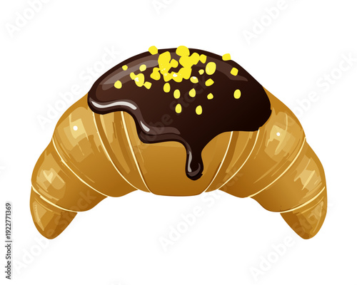 Gourmet chocolate croissant topped with golden nuggets and sprinkles for luxury pastry shop branding and marketing design - Vector Illustration