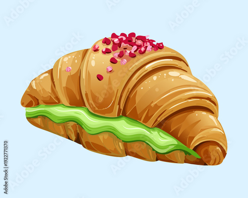Vibrant green croissant with strawberry toppings and seeds for colorful spring season bakery and pastry shop promotions - Vector Illustration