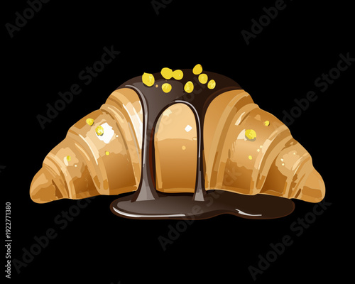 Melted chocolate croissant with dark cocoa topping for ultimate sweet indulgence and bakery shop digital advertisement - Vector Illustration