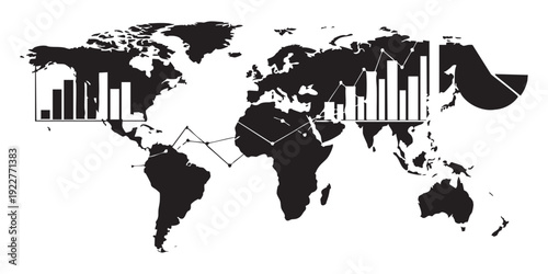 Global financial market data visualization with world map and growth charts representing economic trends and business analytics vector background