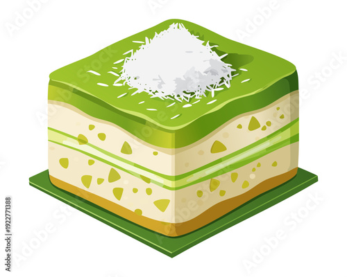 Layered matcha green tea cake with white coconut dusting for healthy dessert menu and Japanese bakery shop - Vector Illustration