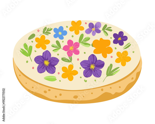 Sweet pastry bun decorated with colorful spring flowers and sugar glaze for festive bakery shop and dessert - Vector Illustration