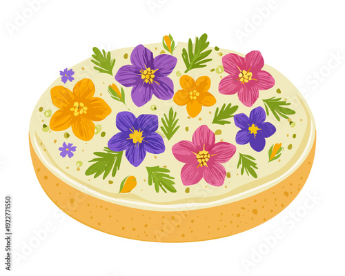 Aesthetic pastry bun with edible flowers and sugar dusting for luxury bakery shop and garden cafe dessert - Vector Illustration
