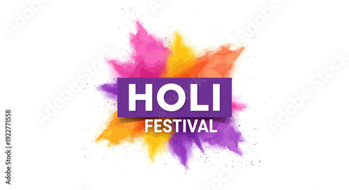 Vibrant Holi Festival logo with colorful powder splashes on a white background, featuring pink, purple, orange, and yellow hues with a joyful and celebratory mood