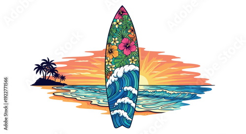 Vibrant surfboard showcasing tropical hibiscus flowers and monstera leaves with ocean waves and a stunning sunset beach landscape for summer vacation promotions