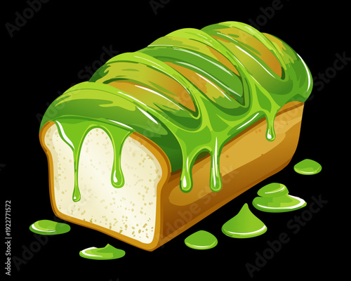 Green tea loaf cake with matcha dripping glaze for healthy dessert shop and oriental bakery shop advertisement - Vector Illustration