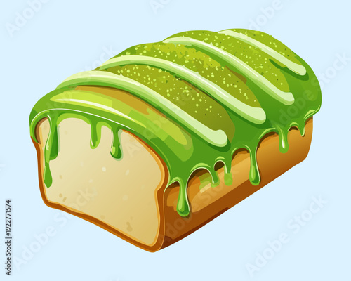 Healthy matcha sponge cake with green tea icing for tea time snack and modern bakery shop branding - Vector Illustration
