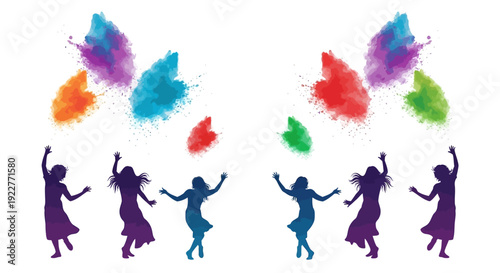 Colorful illustration of people dancing under vibrant powder clouds on a white background celebrating Holi Festival with joyful and happy atmosphere