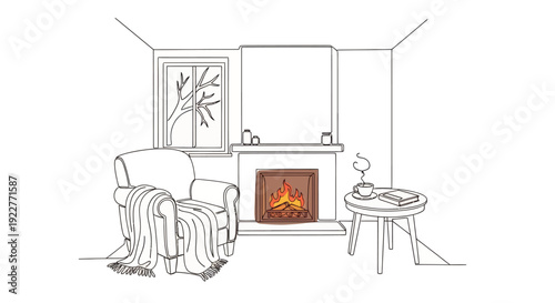 A warm inviting room interior featuring a crackling fireplace, a comfortable armchair with a blanket, and a window with bare tree branches, ideal for winter lifestyle or cozy home decor.