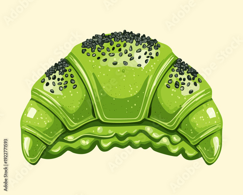 Healthy green tea croissant with black seeds for oriental fusion bakery shop and modern cafe dessert menu - Vector Illustration