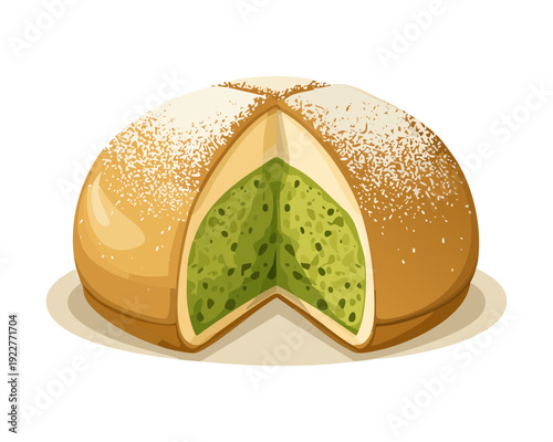 Matcha green tea bun with creamy filling and golden crust for healthy breakfast and oriental bakery shop - Vector Illustration