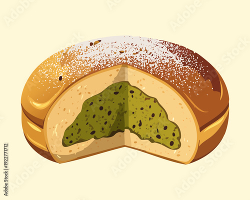 Sweet bun with green matcha filling and sugar dusting for healthy dessert menu and Japanese bakery shop - Vector Illustration