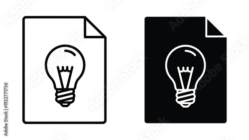 Vector icon set of document file with lightbulb symbol representing new ideas, creative solutions, and innovative concepts