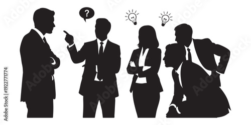 Diverse group of business people silhouettes engaged in heated debate brainstorming session having creative ideas illustrated by light bulbs and question mark
