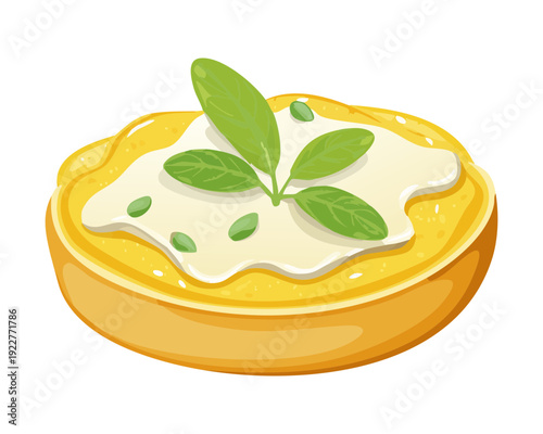 Savory herb tartlet with creamy topping and green leaves for healthy appetizer and vegetarian catering service - Vector Illustration