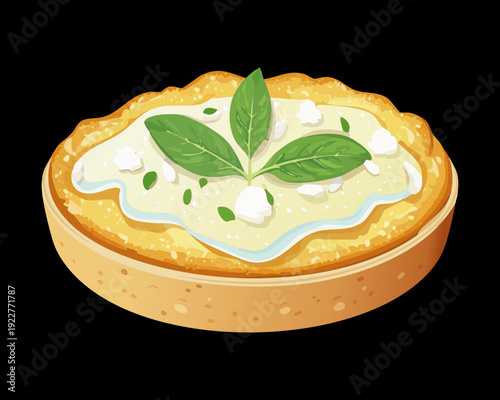 Gourmet savory tart with fresh herbs and white cream spread for healthy breakfast and bistro cafe menu - Vector Illustration