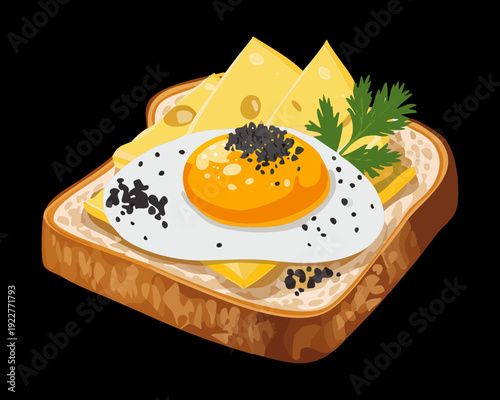 Savory breakfast toast with fried egg cheese and black caviar for luxury morning meal and cafe menu - Vector Illustration