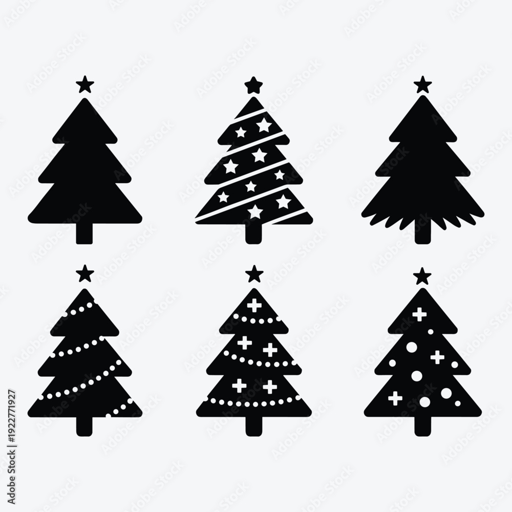 Obraz premium Black Christmas tree silhouettes with decorative elements for holiday designs