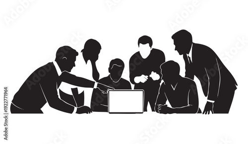 Professional team working together around laptop computer in office meeting silhouette illustration of colleagues collaborating on project and discussing ideas