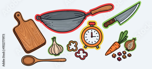 Assortment of essential kitchen utensils and fresh vegetable ingredients for everyday meal preparation perfect for cooking guides and foodrelated educational content