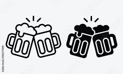 Cheers with two beer mugs in black and white celebrating fun and friendship